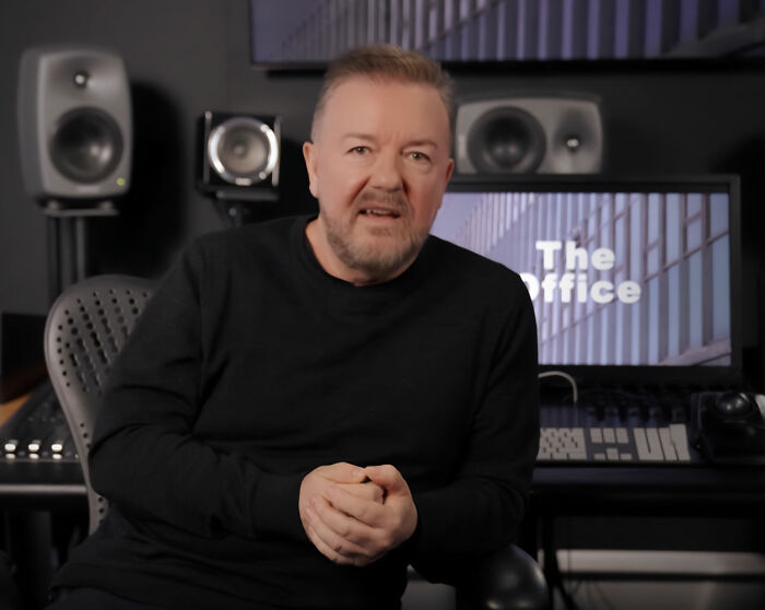 Ricky Gervais in a studio, discussing his reason to marry partner of 44 years. Ricky Gervais in a studio, discussing his reason to marry partner of 44 years.