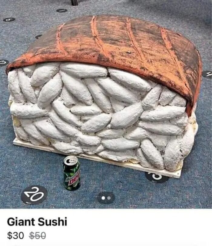 A giant sushi decoration next to a Mountain Dew can, showcasing online marketplace weirdness.