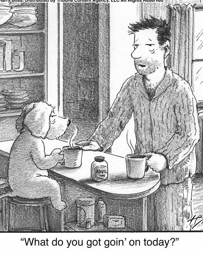 A dog and a man at a table with coffee, capturing the funny side of life with pets in a comic.