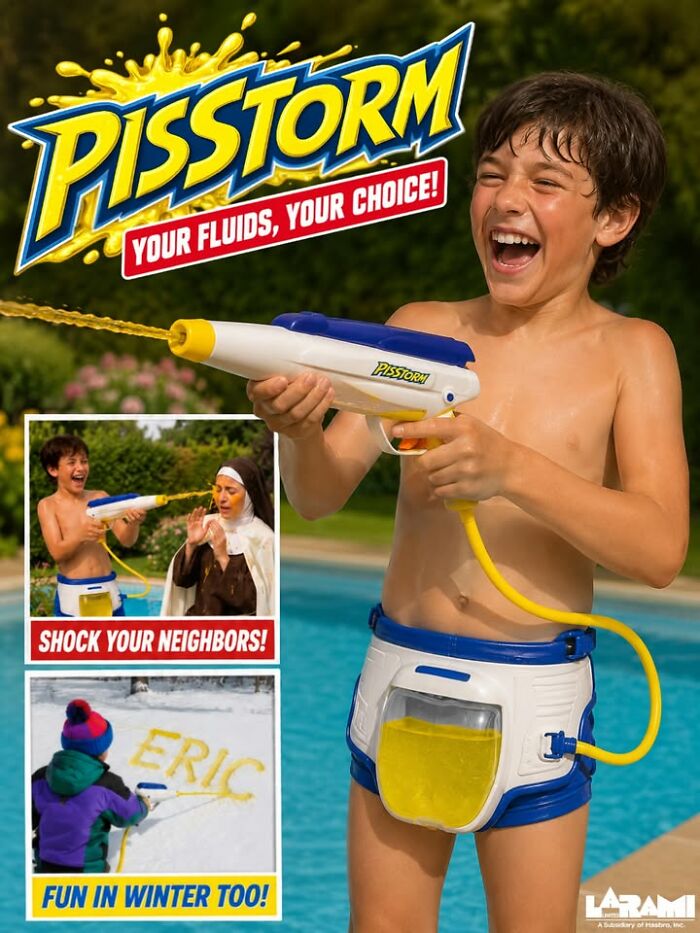 Bizarre figurine of a boy with a Pissstorm squirt gun, a dark comedy collectible.