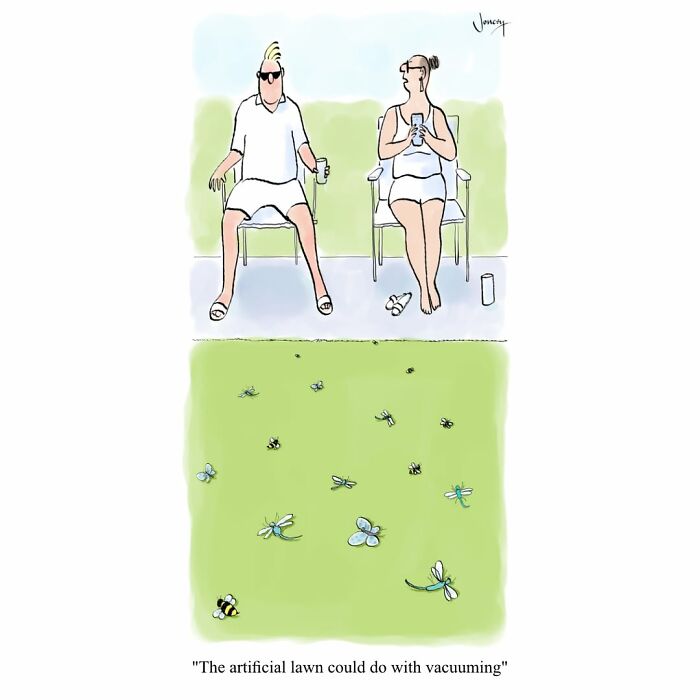 A Jonesy cartoon of a couple relaxing on a patio above an artificial lawn needing vacuuming. This brilliantly dry cartoon reflects the absurdities of everyday life.