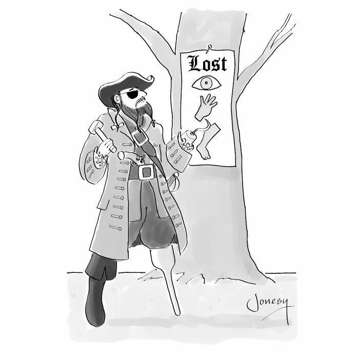 A dry cartoon by Jonesy depicting a pirate with a peg leg and hook hand, looking for a lost eye and hand.