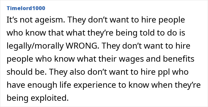 A Reddit comment argues about resume botoxing, stating employers avoid hiring experienced people who know their rights and wages.