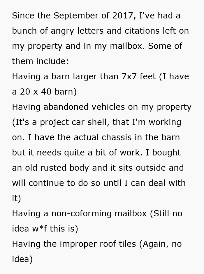 Text listing HOA citations for a resident's property, revealing an HOA secret scheme.