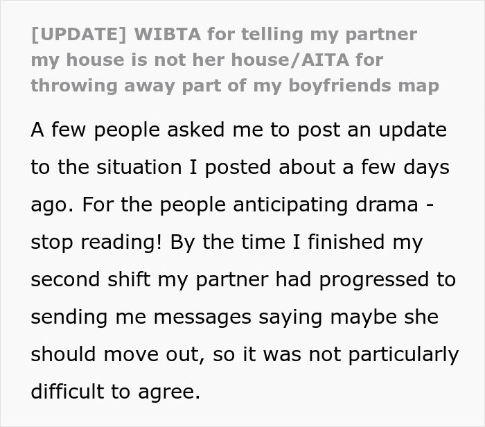 Screenshot of a Reddit post update about a woman moving into a guy's house and ignoring boundaries, leading to a breakup.