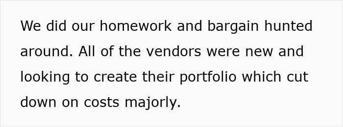 Text discussing how the bride and groom found new vendors to cut down on wedding costs significantly. Text discussing how the bride and groom found new vendors to cut down on wedding costs significantly.