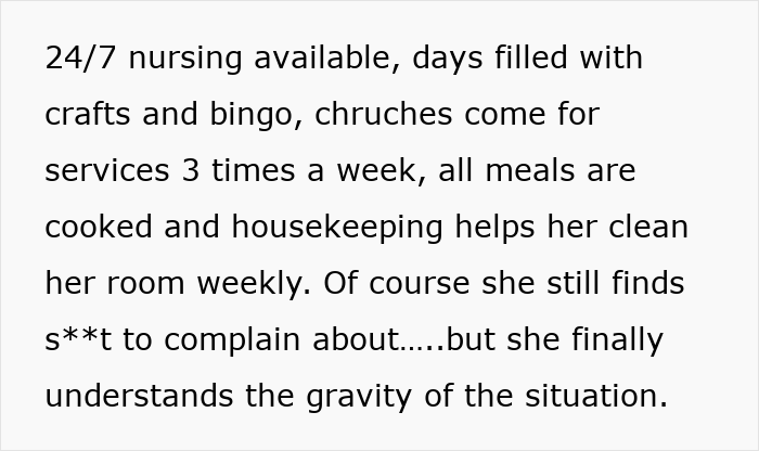 A screenshot showing text about 24/7 nursing and activities, detailing why a mother-in-law gets evicted. A screenshot showing text about 24/7 nursing and activities, detailing why a mother-in-law gets evicted.