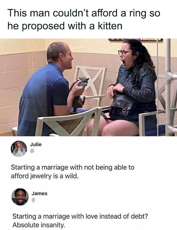 Wholesome post: A man proposes with a kitten instead of a ring, surprising his girlfriend, showcasing a full heart and genuine love.
