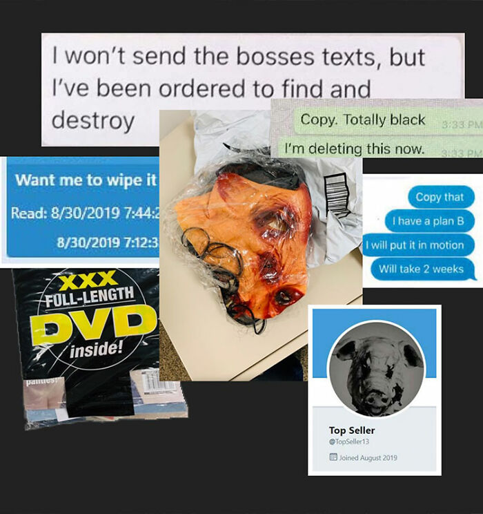A collage showing incriminating evidence against eBay, including text messages and a disturbing mask.