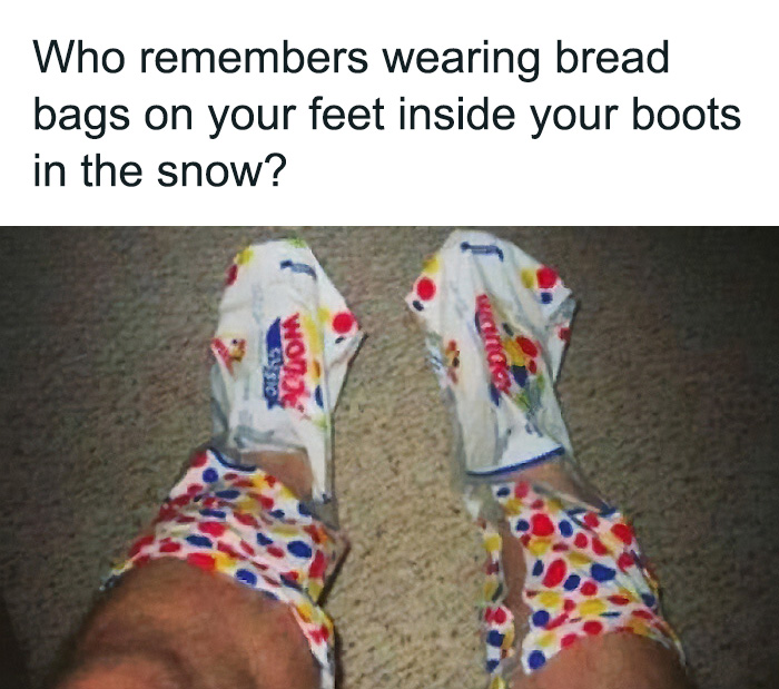 A pair of feet with Wonder Bread bags over socks inside boots, a nostalgic Gen X meme.