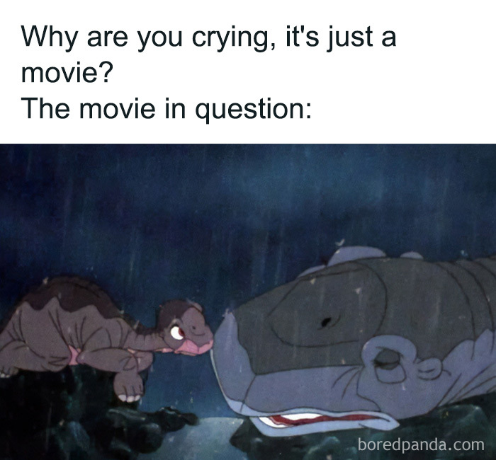 A scene from The Land Before Time showing Littlefoot and his mother, a nostalgic movie from the 90s and 00s.