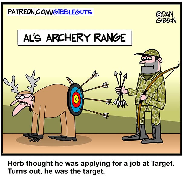 Dan Gibson comic: Herb is a deer with a target on his rear at Al's Archery Range, proving growing older doesn't mean growing up.