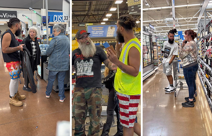 Influencer in Walmart with various people, engaging in conversations about buying groceries, leading to a lifetime ban.