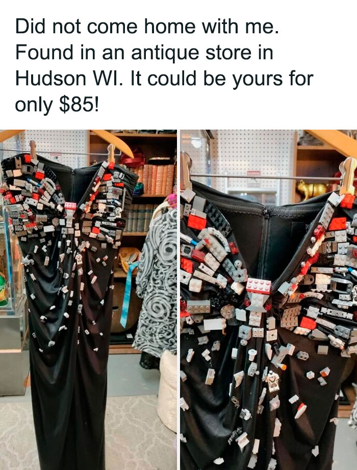 A black dress adorned with colorful LEGO bricks, a hilariously bad fashion crime displayed in an antique store.