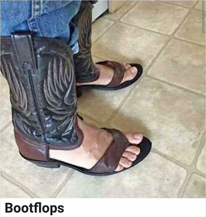 A man wears a hilarious bad fashion crime: cowboy boots cut into sandals.