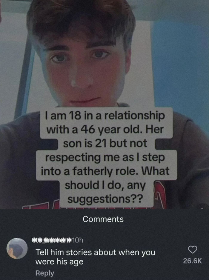 A Reddit post about an 18-year-old in a relationship with a 46-year-old, seeking advice, as part of a collection of random jokes.