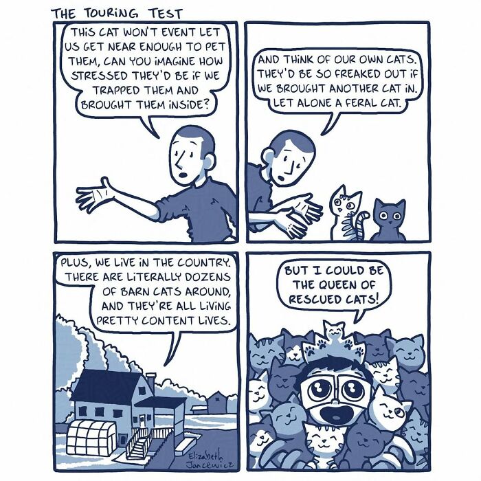 A heartwarming comic series shows an artist and friend discussing not bringing a stray cat inside, dreaming of rescuing many felines. A heartwarming comic series shows an artist and friend discussing not bringing a stray cat inside, dreaming of rescuing many felines.