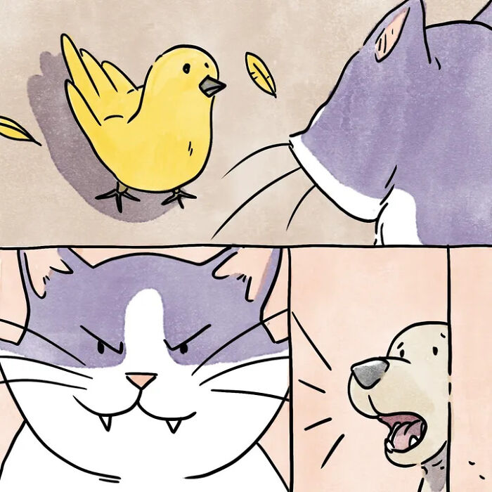 A comic showing a yellow bird and a gray cat's face, with a barking dog, perfectly capturing life with pets. A comic showing a yellow bird and a gray cat's face, with a barking dog, perfectly capturing life with pets.