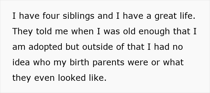 A screenshot showing text about an adopted teen with a great life, unaware of birth parents. A screenshot showing text about an adopted teen with a great life, unaware of birth parents.
