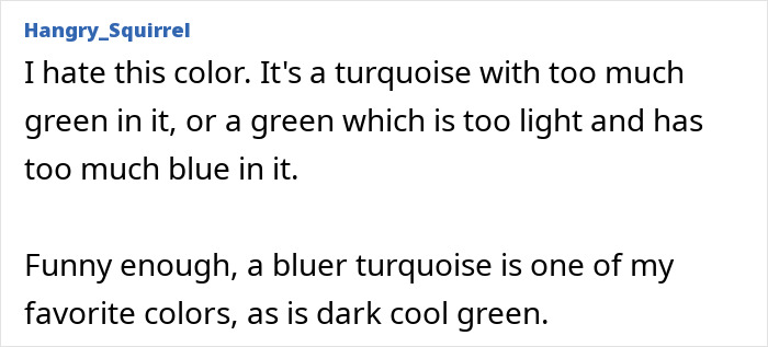 A comment from Hangry_Squirrel expressing dislike for the new color Olo, describing it as a turquoise with too much green.