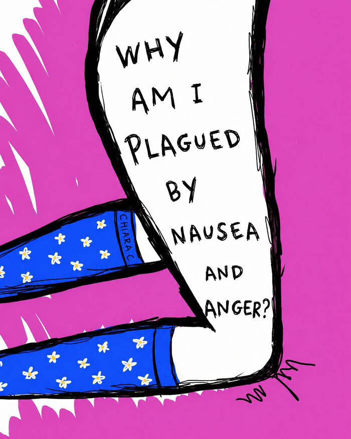 A woman illustrates modern society with legs in patterned pants, asking why she is plagued by nausea and anger.