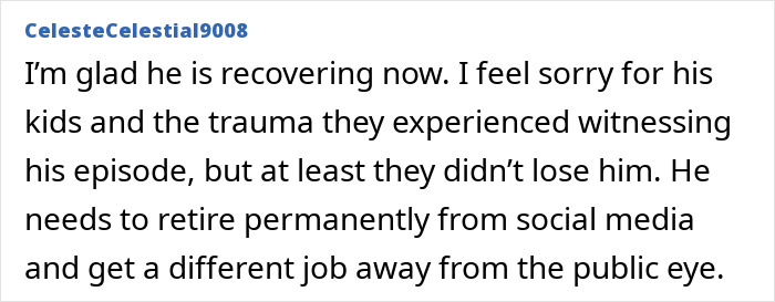 A comment from CelesteCelestial9008 expresses relief at his recovery and concern for his family