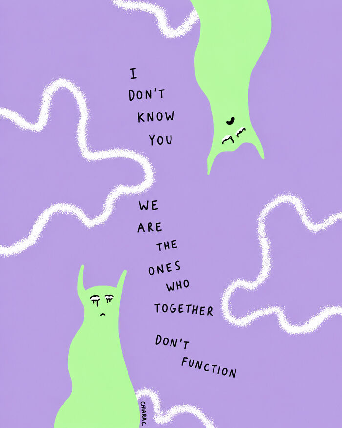 A woman's illustration of two green figures on a purple background, representing the challenges of modern society.