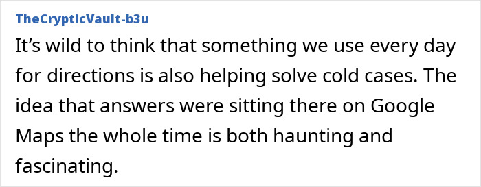 Screenshot of a comment discussing how Google Maps revealed the truth to a family with no answers.