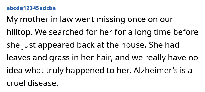 A comment describing a mother-in-law who vanished and reappeared, highlighting Alzheimer's disease.