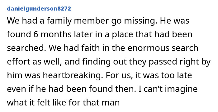 A comment on finding a missing family member through Google Maps after they vanished without a trace.