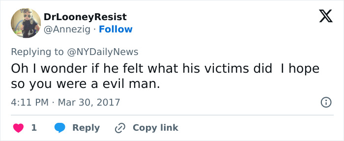 Tweet expressing a user's wish for the nurse's aide to suffer like his victims, calling him an evil man for his horrific crimes. Tweet expressing a user's wish for the nurse's aide to suffer like his victims, calling him an evil man for his horrific crimes.