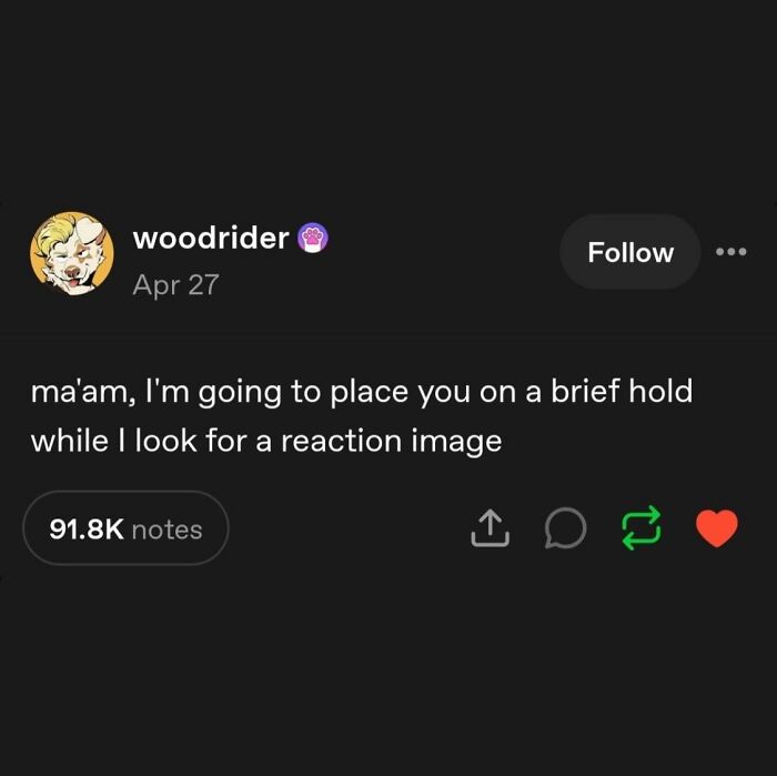 A screenshot of a tweet from woodrider about finding a reaction image, a serotonin meme for comfort.