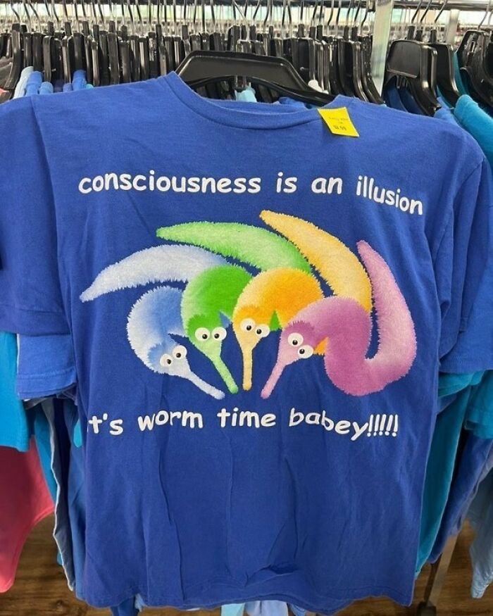 An iconic shirt with colorful worm puppets and the text consciousness is an illusion, t's worm time babey!!!!!.
