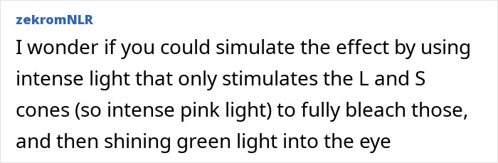 A screenshot of a Reddit comment discussing how to simulate seeing a new color with intense light.