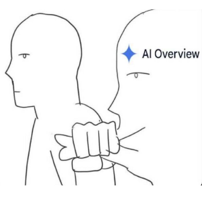 A drawing of one person punching another in the back of the head, labeled AI Overview, a serotonin meme.