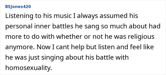 Screenshot of a comment about a rock star emerging unrecognizable after coming out as gay despite 14-year marriage.