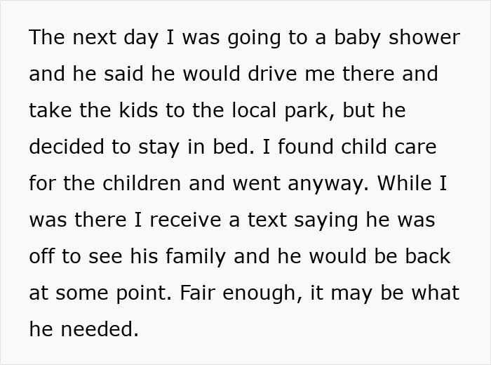 Woman's jobless ex-husband decided to stay in bed, sending a text about seeing family, further ruining her life. Woman's jobless ex-husband decided to stay in bed, sending a text about seeing family, further ruining her life.