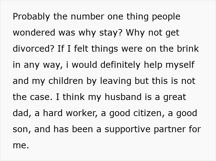 A screenshot of a forum post where a wife explains why she stays with her hubby despite his questions. A screenshot of a forum post where a wife explains why she stays with her hubby despite his questions.