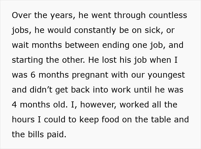Screenshot of text explaining the ex-husband's jobless history, highlighting the struggle before the woman's petty revenge. Screenshot of text explaining the ex-husband's jobless history, highlighting the struggle before the woman's petty revenge.