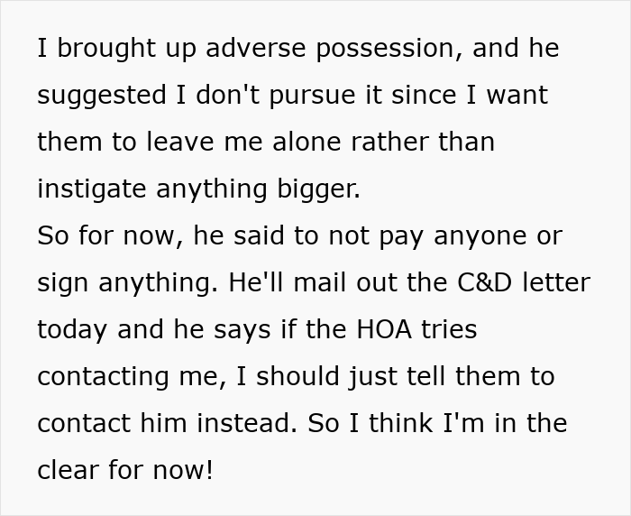 Resident's lawyer advises against adverse possession and will send a C&D letter to the HOA.