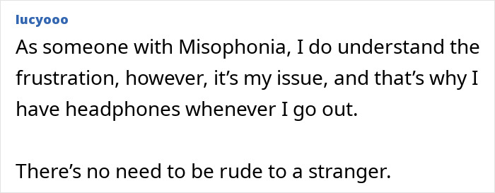 A user discussing misophonia and not being rude to a stranger, regarding the viral debate about chewing on a plane.