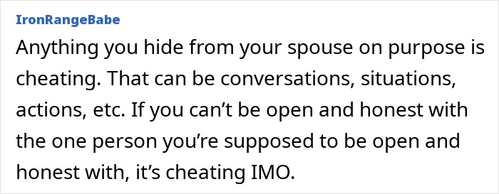 A social media user's comment on hiding conversations, situations, or actions from a spouse as cheating.