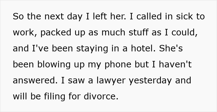 Text snippet describing a wife leaving her partner and filing for divorce due to disagreements over kid's education.