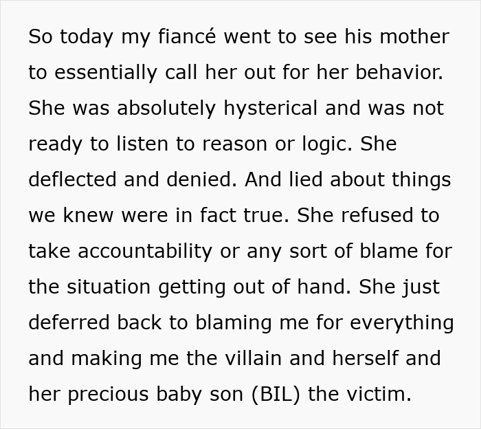 Wedding dispute shows a fiance's mother denying blame, tearing a family apart. Wedding dispute shows a fiance's mother denying blame, tearing a family apart.