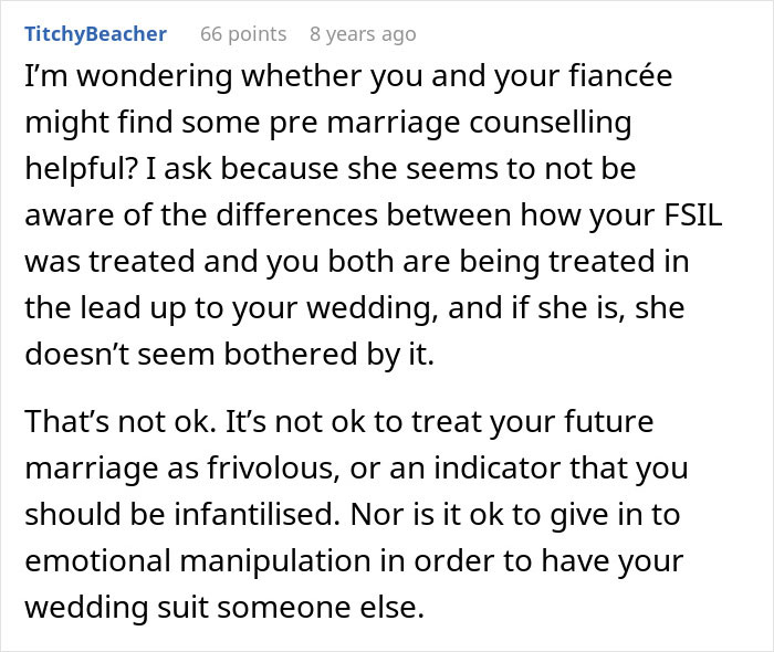 Comment suggesting pre-marriage counseling for a couple regarding wedding issues and future MIL interference. Comment suggesting pre-marriage counseling for a couple regarding wedding issues and future MIL interference.