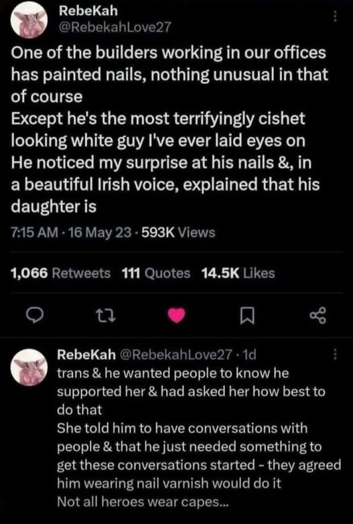 A wholesome post describing a builder wearing painted nails to support his transgender daughter.
