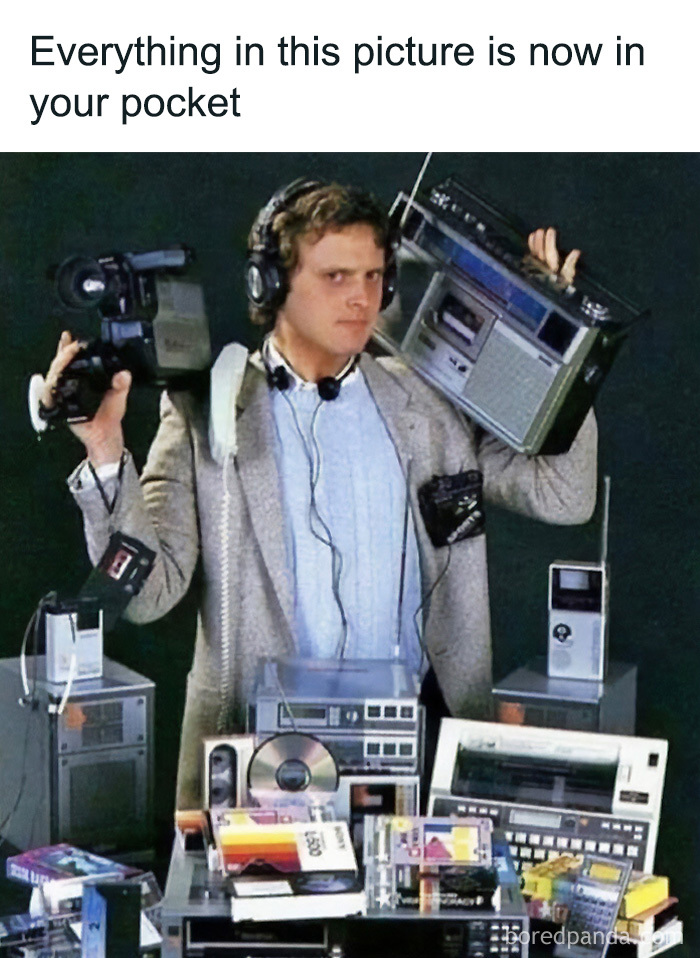 Gen X meme featuring a man surrounded by 80s tech like a camcorder and boombox, now fitting in a pocket.