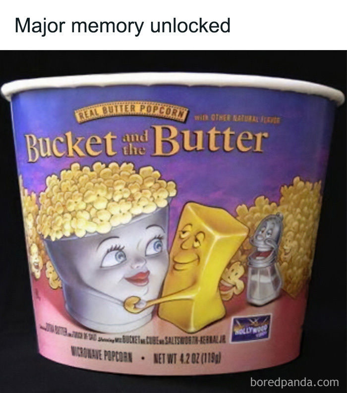A retro Bucket and the Butter microwave popcorn container, bringing nostalgia for the 90s and 00s.