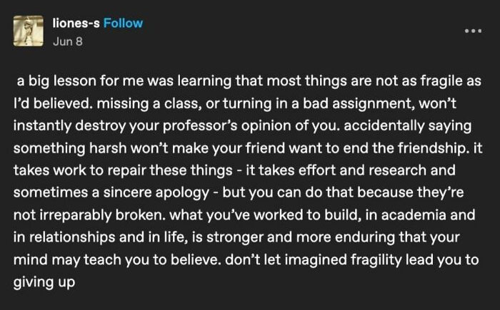 A Serotonin Meme showing a text post about learning that things are not as fragile as they seem.