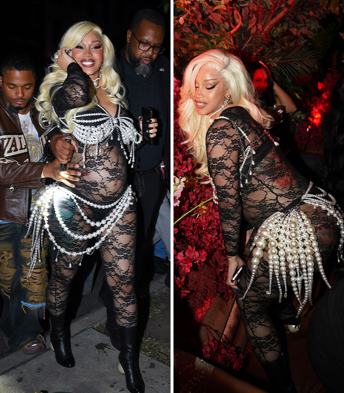 Saweetie in a bold black lace celebrity pregnancy jumpsuit adorned with pearls, a boundary-pushing look.